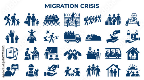 Bild auf Leinwand Collection of icons representing migration crisis challenges and human movement