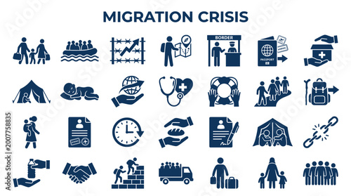 Foto Migration crisis icons representing refugee journey challenges border crossing h