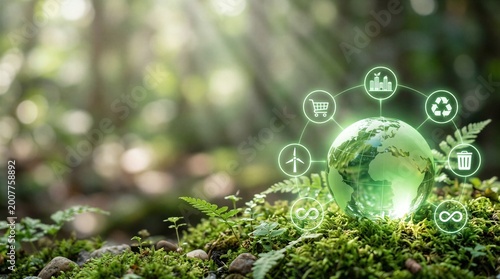 A green globe sitting on top of a moss covered ground.