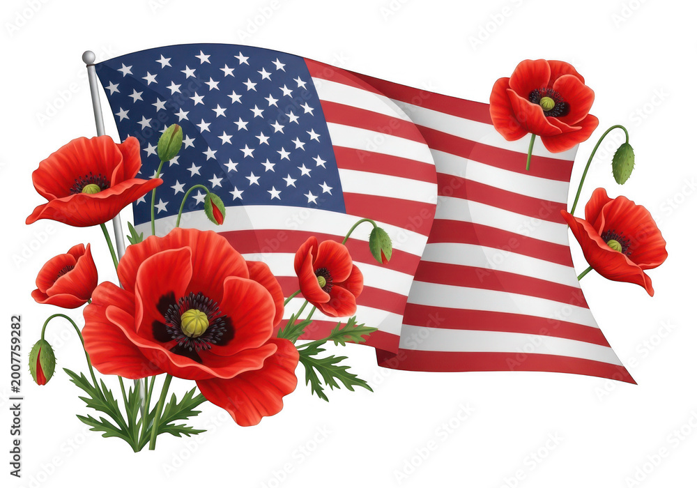 Obraz premium American flag with red poppies on a vintage wooden background PNG isolated on transparent background
