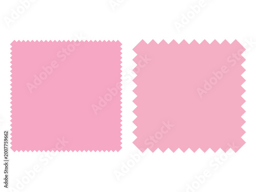 Pink fabric swatches or paper pieces with zig zag pinking shear edges for fashion and textile design concepts.