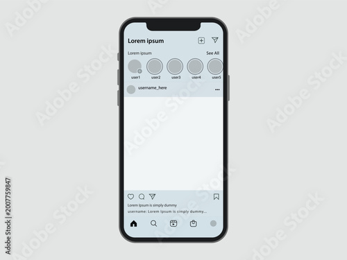 smartphone with social media feed interface showing profiles and post with dummy text.