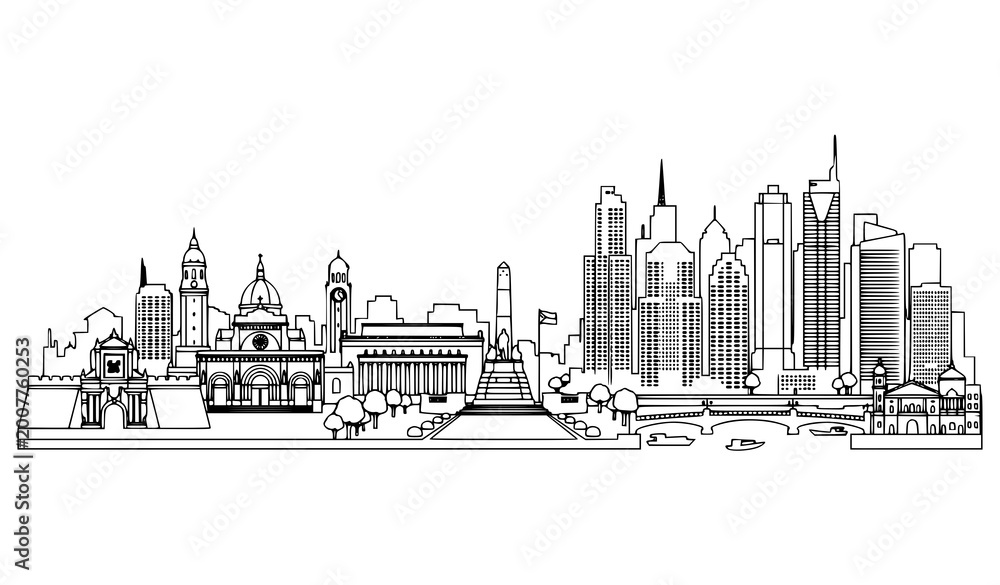Obraz premium Minimal Line Art Manila City Skyline with Landmarks Clean Outline Vector Isolated on White Background EPS 10