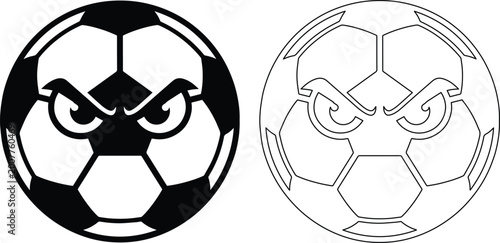 Tablou pe pânză サッカーボールの怒った表情のキャラクターイラスト, スポーツチームのロゴやエンブレム用ベクター素材, 白黒の力強いサッカーボールの顔のデザイン, 2種類のバリエ