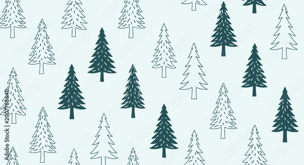 Obraz premium Dense seamless pattern of stylized pine trees in shades of dark and light green creates a serene forest landscape suitable for wrapping paper.