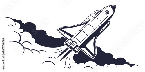 Foto Space shuttle ascending through dark heavy clouds leaving a contrail and engine