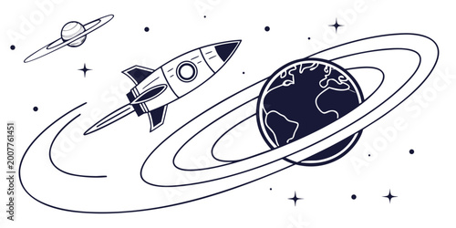 Fotografie Rocket ship traveling past earth and a ringed planet in starry outer space with