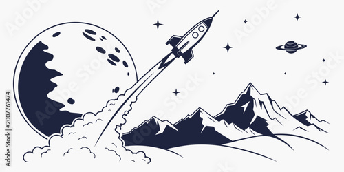 Fotografi Rocket launch from alien planet with moon mountains rings planet outer space bla