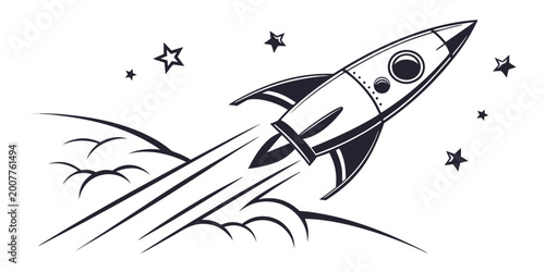 Fotografie Illustration of a rocket blasting off into space with stars and nebulae blast of