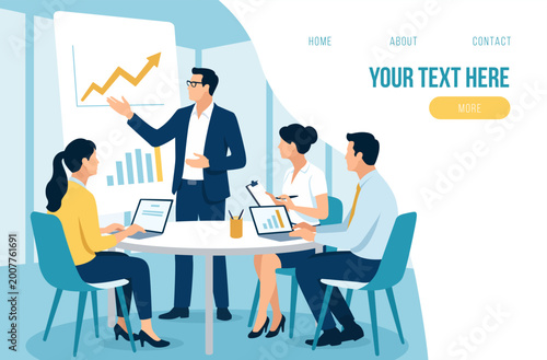 Teamwork. Leader. Team discussing economic performance. Business vector web illustration template.
