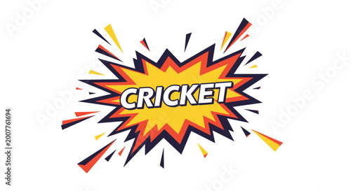 Comic book style speech burst with cricket text representing sports action and exciting gameplay moments for sports fans.