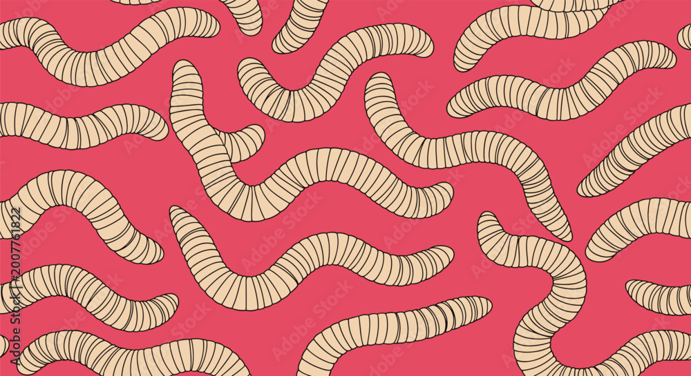 Fototapeta premium Seamless pattern of cartoon tan worms crawling across a vibrant pink background for fun textile design and children.