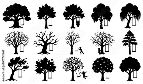 Cuadro en lienzo Forest Tree Silhouette Collection with Rope Swings and Kids Playing Minimal Blac