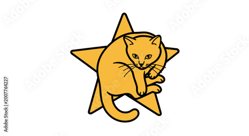 Stylized illustration of a yellow cat sitting on a yellow star, isolated on a white background, clean vector art
