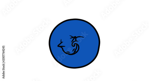 Abstract blue circle with a stylized black drawing of a mythical creature or symbol inside