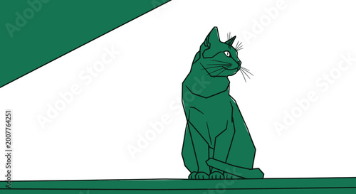 Stylized green cat sitting in a minimalist setting, looking to the side with bright eyes, clean lines, modern illustration.