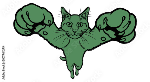 Green muscular cat with large paws and claws extended, flying or jumping dynamically, superhero concept