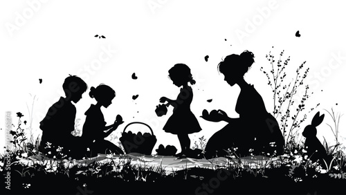 Foto A vintage silhouette depicts a mother and children on an outing with rabbits