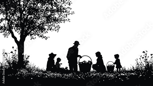 Photography A silhouetted family enjoys a peaceful outing with baskets in a field