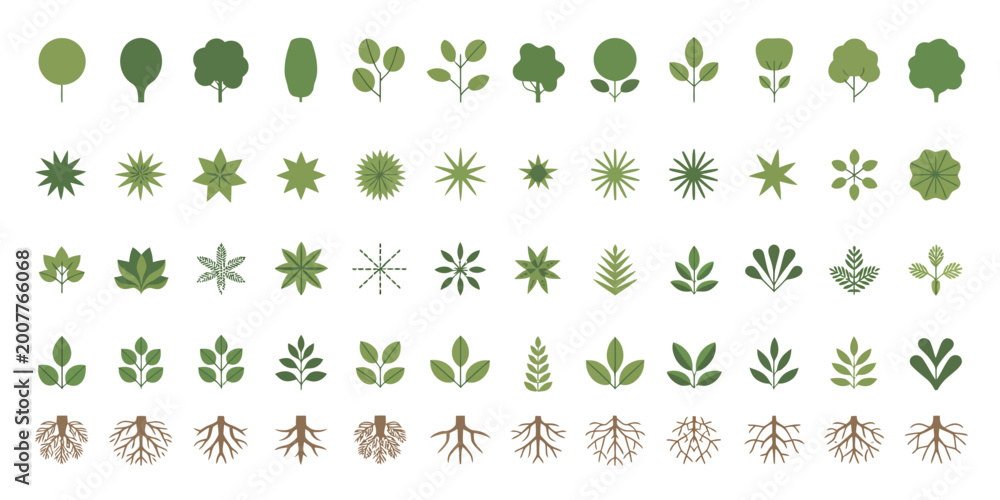 Fototapeta premium Large collection of flat vector tree icons, green leaf symbols, and root systems for architectural landscape design and botanical mapping.