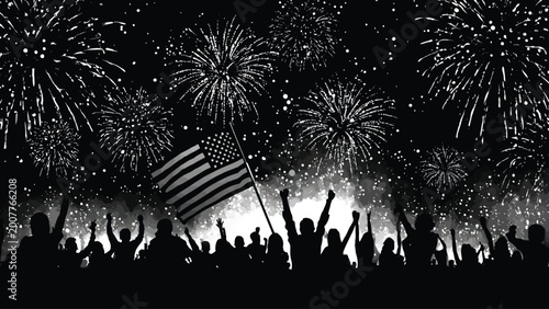 Tableau sur toile Celebratory fireworks display illuminates the night sky with an american flag in
