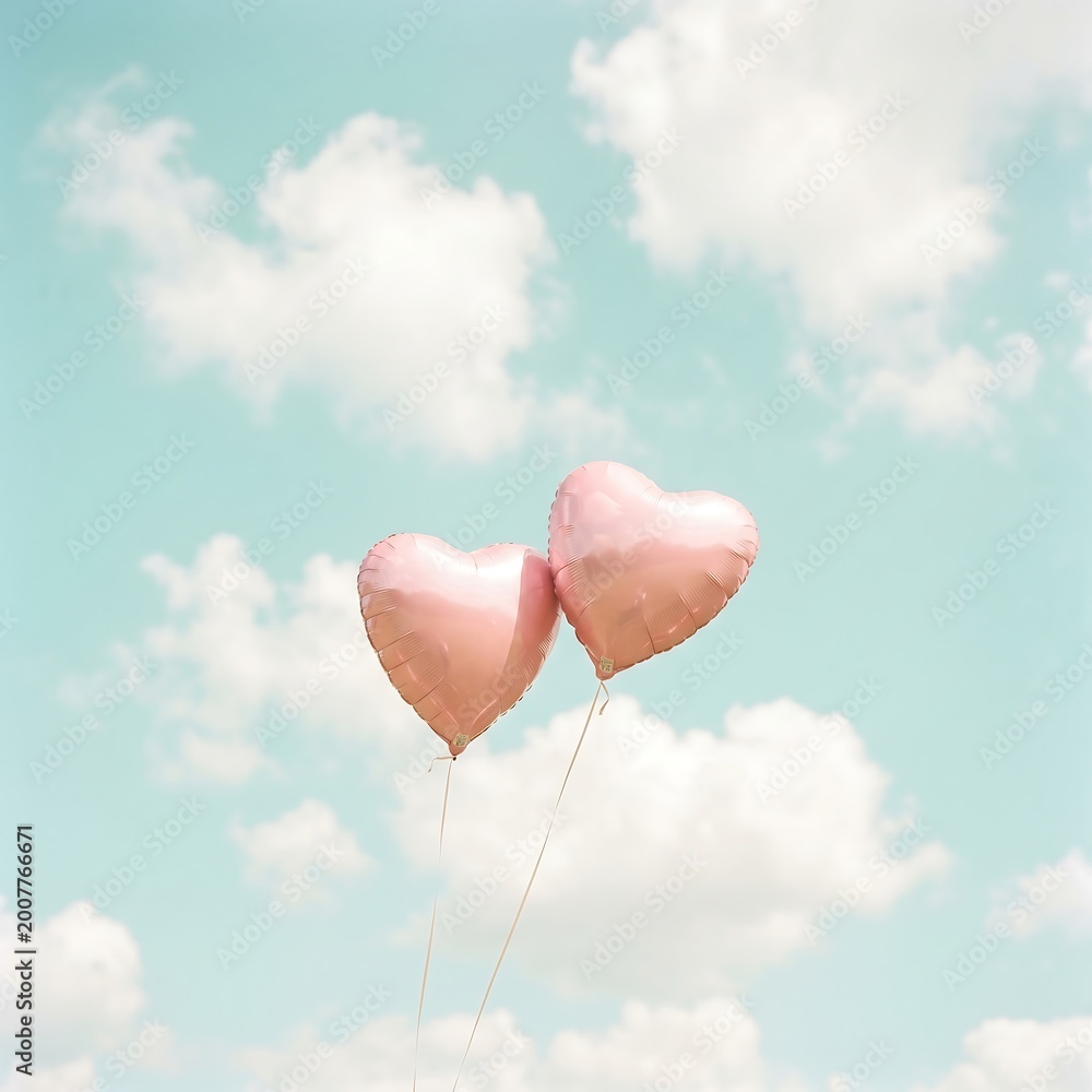 Fototapeta premium Two pink heart balloons floating together against a bright sunny blue sky with fluffy clouds