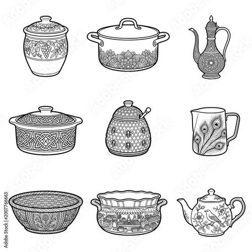 Illustration von verschiedenen Haushaltswaren und Vorratsbehältern – Schwarz-weiß Umrisszeichnung von Teekanne, Honigtopf und Töpfen mit ornamentalen Verzierungen.
