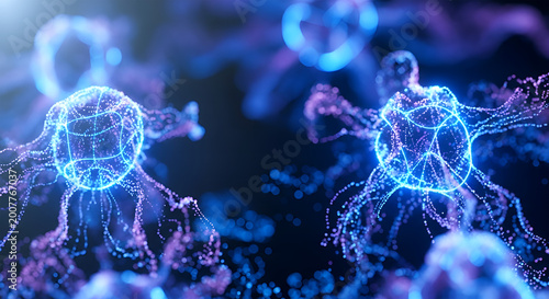 Abstract visualization of glowing neural networks or advanced AI data processing, depicting complex scientific connections and futuristic technological innovation