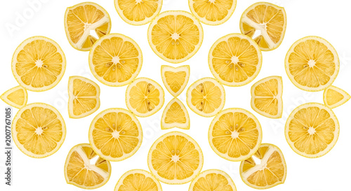 A vibrant, symmetrical kaleidoscope of fresh citrus lemon slices, artfully arranged in a circular pattern against a clean white background, evoking a sense of zest and natural beauty