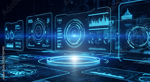 Exploring the frontiers of digital technology a sophisticated display of interconnected data, analytics, and artificial intelligence concepts in a futuristic environment