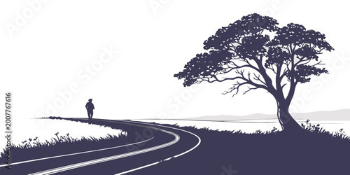 Photos Stylized silhouette illustration of a lone traveler walking along a winding rura