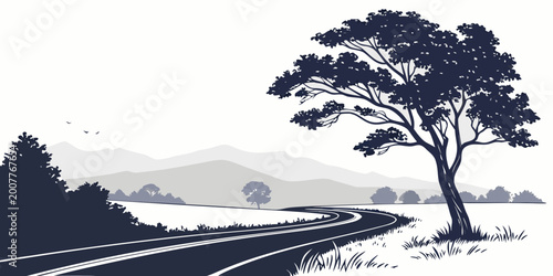 Photography Minimalist landscape illustration featuring a winding asphalt road passing under