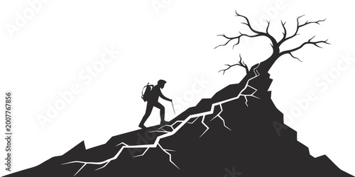 Black and white vector silhouette of a determined hiker with a backpack using trekking poles to climb a steep cracked mountain ridge towards a leafless dead tree on the summit