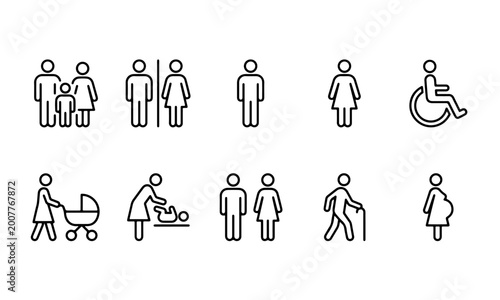 Minimalist black outline vector icon set for public restroom signage, healthcare facilities, accessibility navigation, and inclusive community information board design projects.