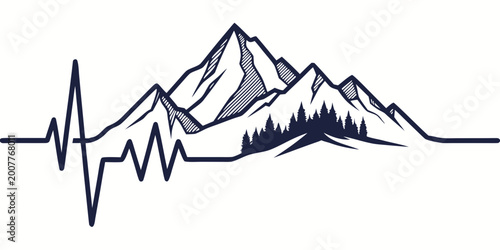 Fotografie Mountain peak silhouette with heartbeat pulse line and evergreen forest decorati