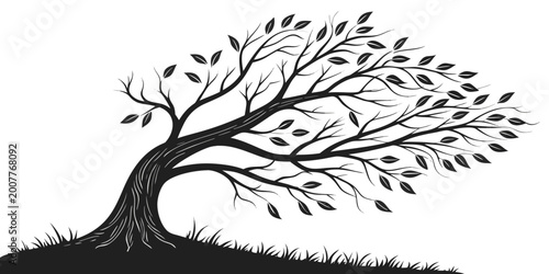 Φωτογραφία Stylized windswept tree silhouette on grassy slope with falling leaves illustrat