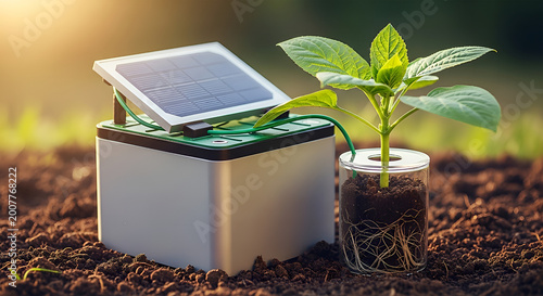 A small solar panel on a white box next to a plant in soil outdoors