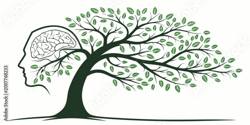 Foto Conceptual human head silhouette containing a tree and brain graphic with intell