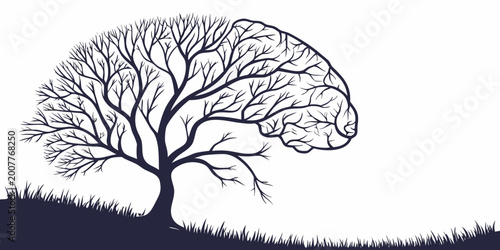 Konstfotografi Abstract tree shaped like a human brain on a grassy hill with intelligence intel