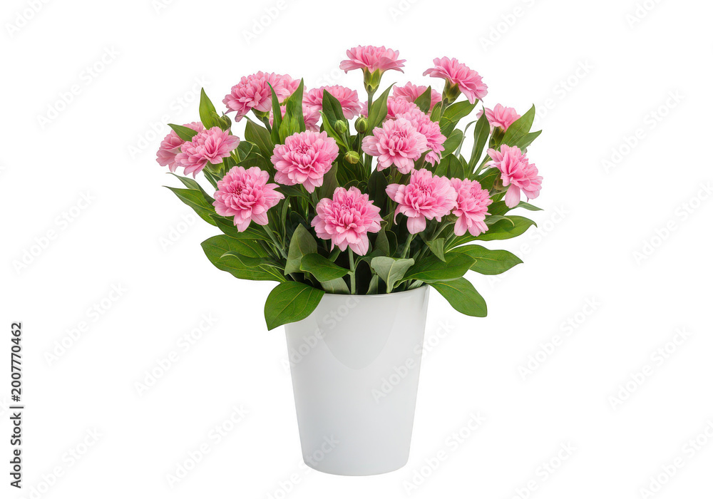 Fototapeta premium Pink roses in a white vase with green leaves and stems PNG isolated on transparent background