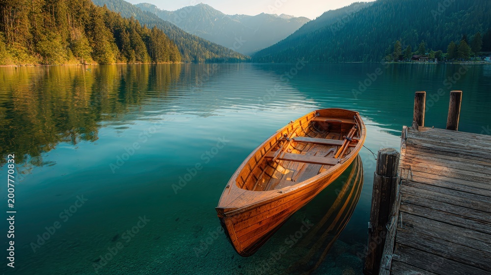Obraz premium Wooden rowing boat floating on a calm alpine lake near a rustic pier in golden hour light for travel and outdoor recreation marketing