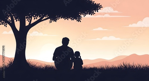 Father and child silhouette against a warm sunset landscape