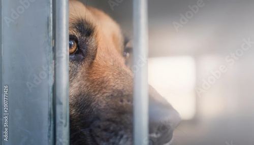 Close-up of a sad dog looking through the metal bars of a cage at an animal shelter, highlighting the need for pet adoption and animal rescue.