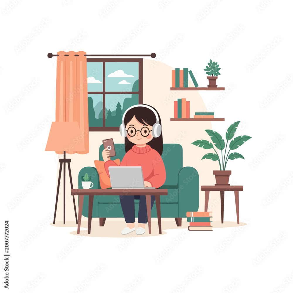 Fototapeta premium Woman using laptop and phone in a cozy home office setting