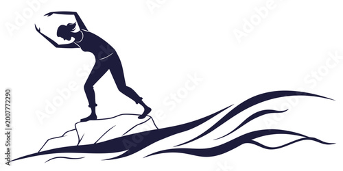 Foto Silhouette of a woman pushing against waves on a rocky outcrop with silhouette s