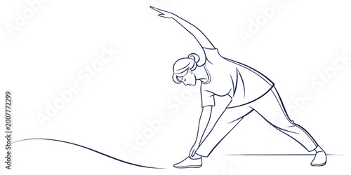 Quadro su tela Line art of a woman performing a triangle pose in yoga with utthita trikonasana