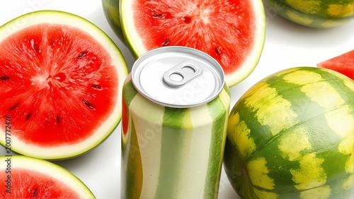 Watermelon soda can with fresh watermelons