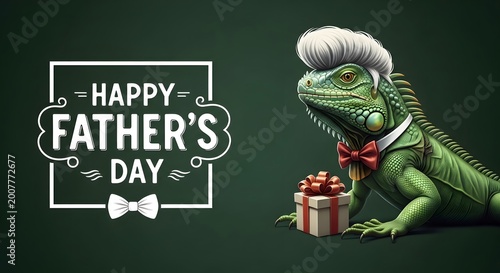Happy father's day an iguana celebrating with a gift and bowtie