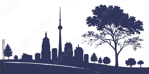 Принти на полотні Majestic city skyline with iconic tower and lush green park landscape silhouette