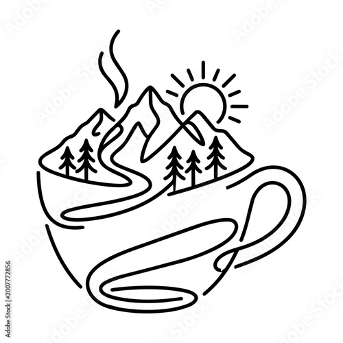 Scenic Mountain Landscape Inside a Coffee Cup with Sun and Trees Illustration